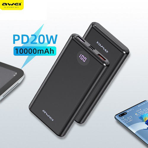 Sạc Dự Phòng Polymer Awei P117K 10000mAh Nhỏ Gọn Sạc Siêu Nhanh PD22.5W USB Kép Có Màn Hình LED