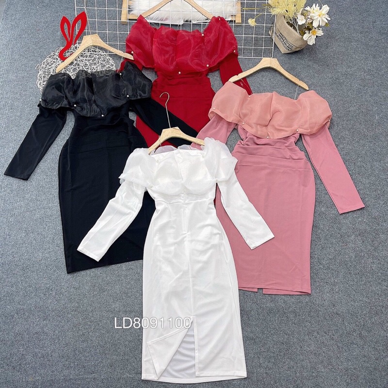 Đầm body phối lưới đính hạt trễ vai tay dài