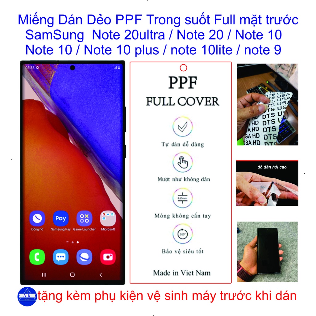 Miếng Dán Dẻo PPF Full mặt trước Note 20Ultra / Note 20 / Note 10 / Note 10 plus / Note 10lite, bảo vệ màng hình toàn di