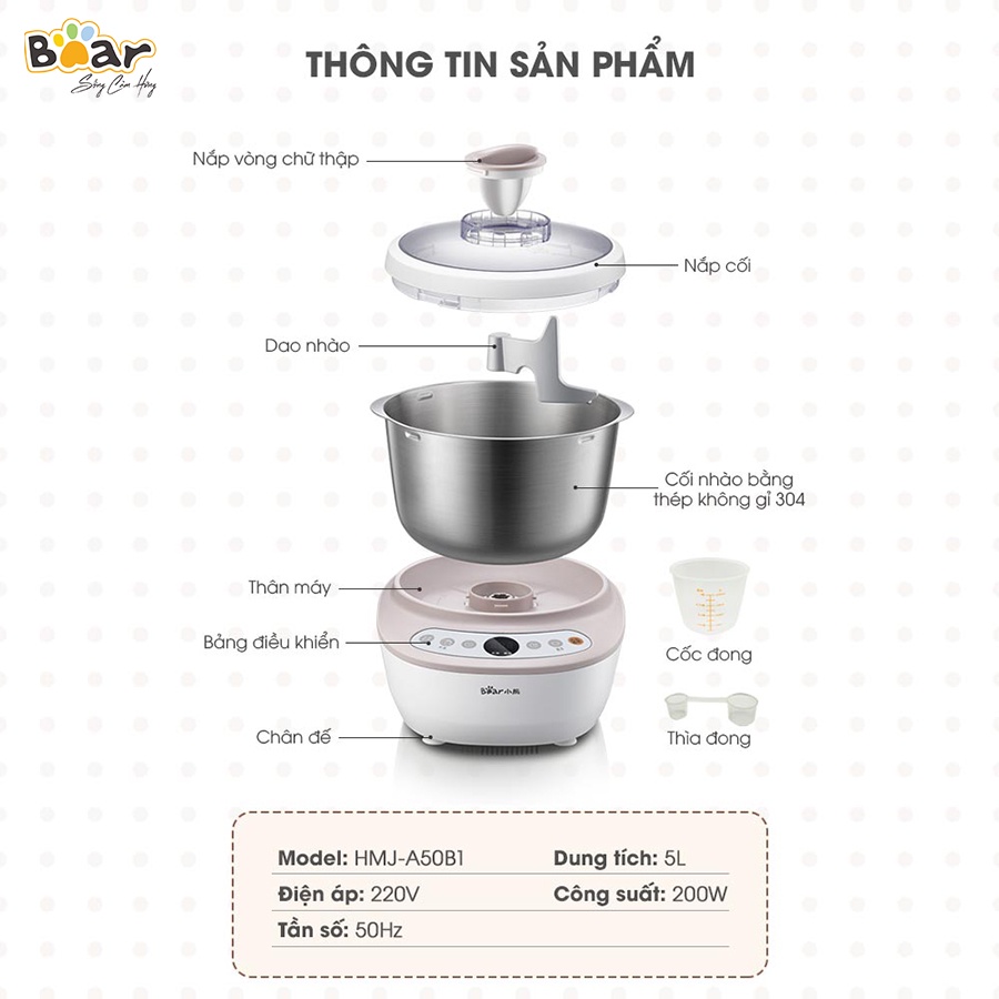 Máy Trộn Bột Bear 5L Inox 304, Ủ Bột, Nhào Bột, Nhồi Bột Nhanh, Công Suất Lớn Chống Dính - DM-B50V1