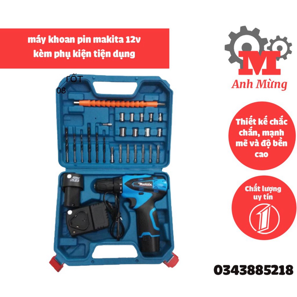 Máy khoan pin cầm tay, bắt vít cầm tay Makita 12V kèm phụ kiện tiện dụng