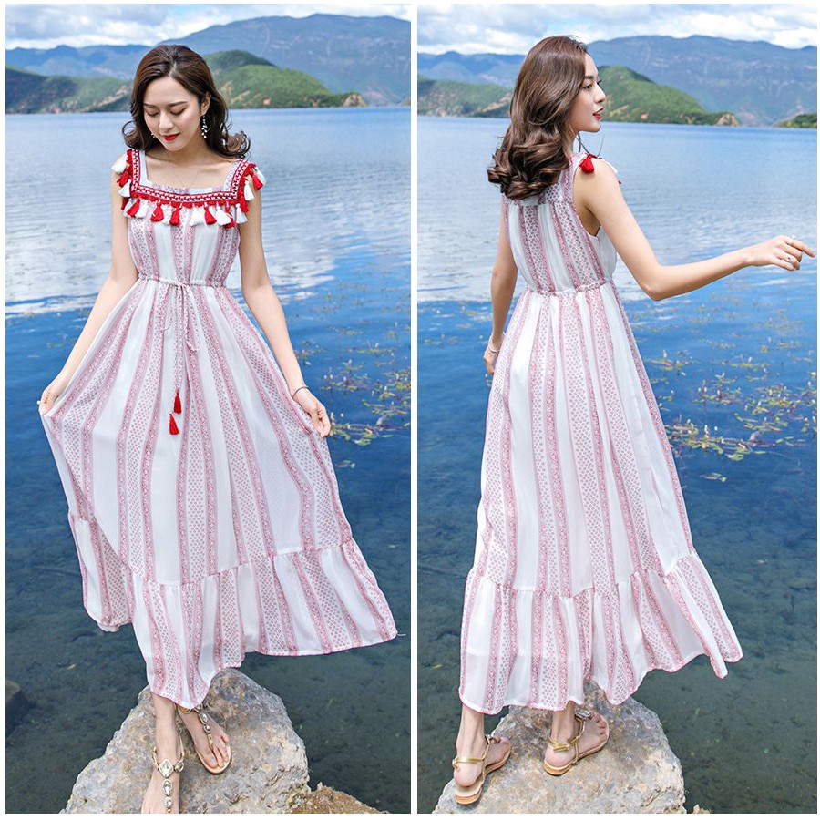 🔥XẢ HÀNG NGHỈ BÁN🔥Đầm maxi họa tiết sọc, eo dây rút, chất voan mềm mại