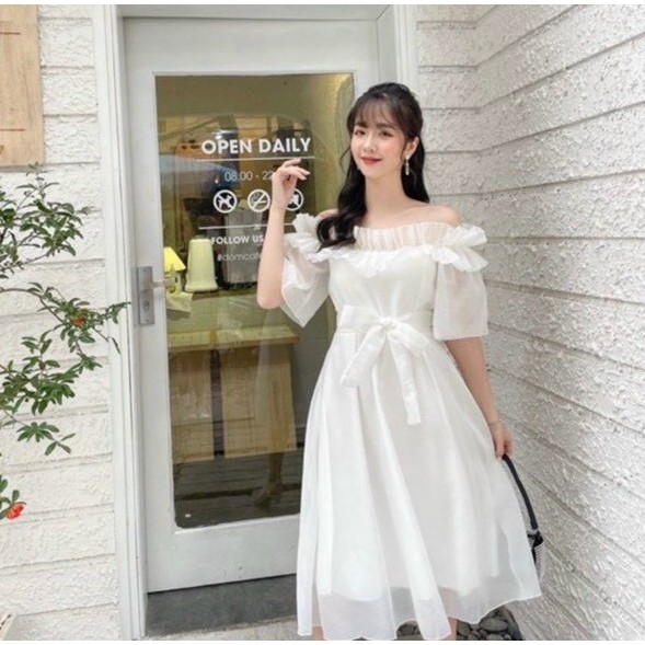 Váy công chúa trễ vai dễ thương, váy đầm dự tiệc chất tơ có mút ngực kèm dây thắt eo xinh xắn