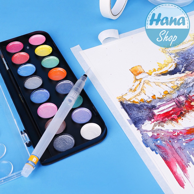 Màu nước Nhũ cao cấp solid water color- 36 màu kèm cọ vẽ và tranh tô màu