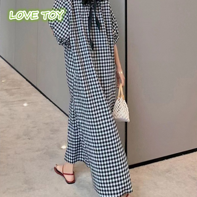 Đầm Tay Ngắn Dáng Rộng Cỡ Lớn In Họa Tiết Kẻ Sọc Đen Trắng Kiểu Retro Cho Nữ