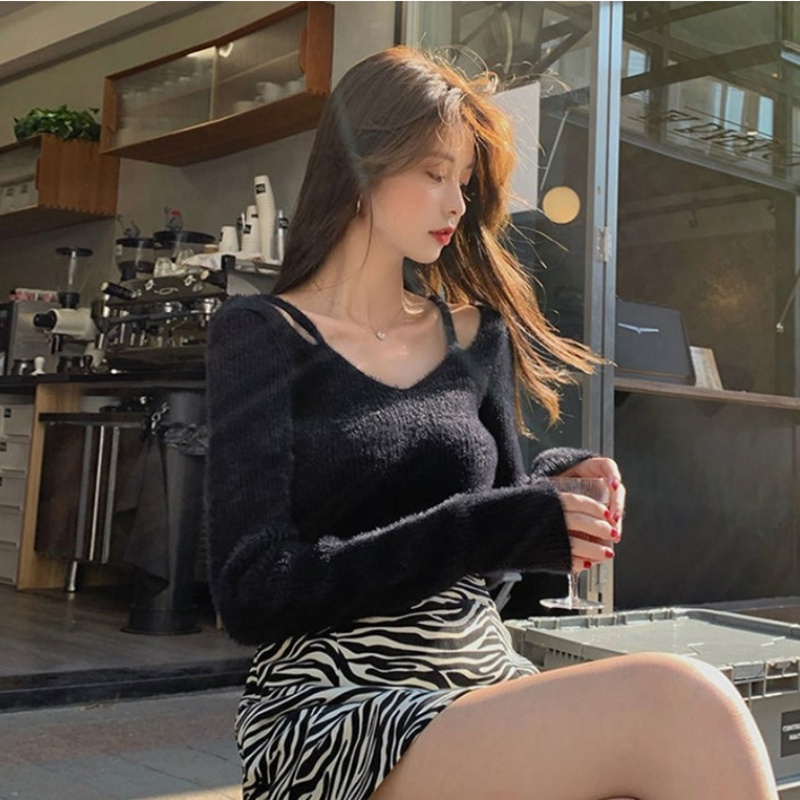 SUXI Áo kiểu dệt kim tay dài ôm dáng trễ vai phong cách Hàn Quốc thời trang mùa thu dành cho nữ