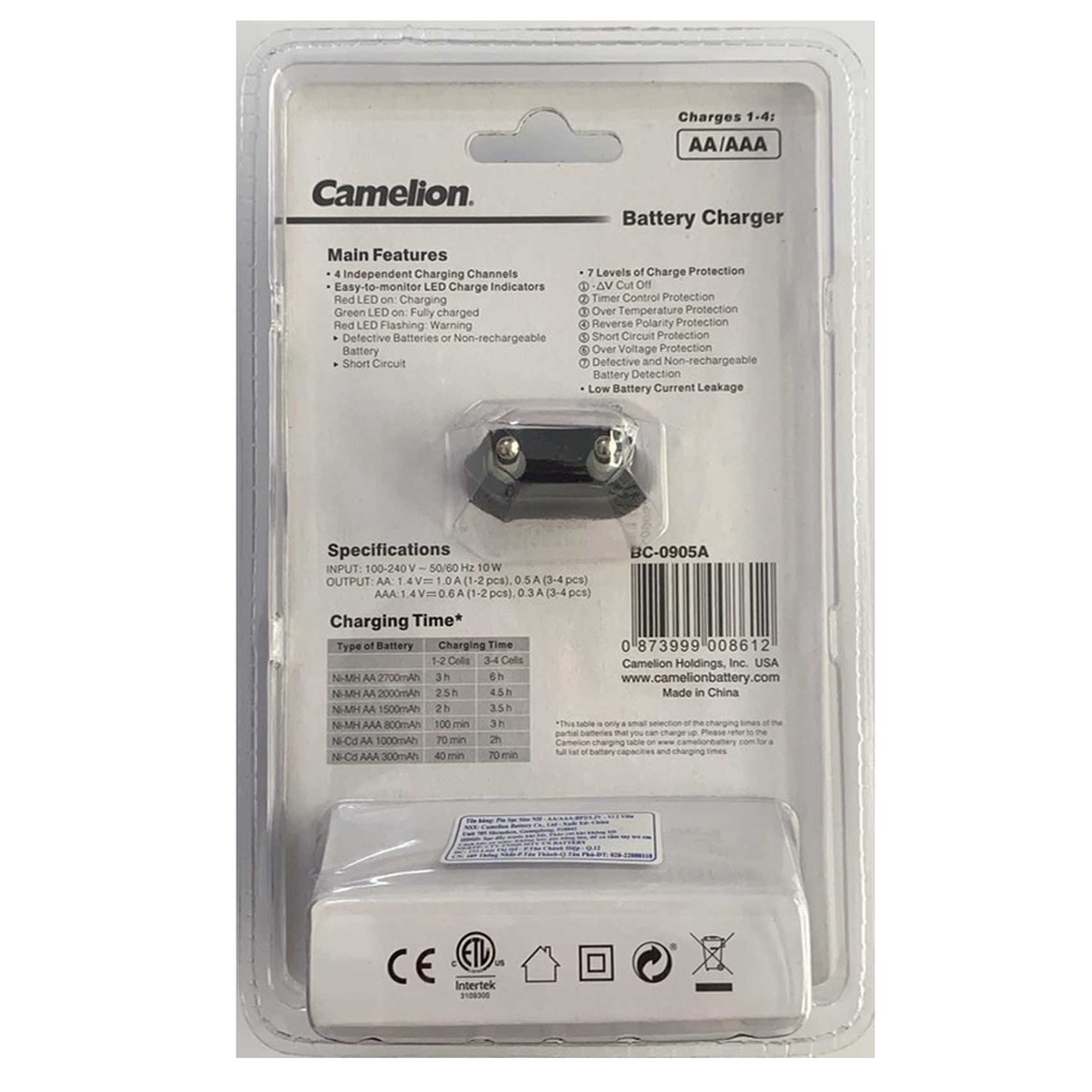 [NHẬP KHẨU CHÍNH HÃNG] Bộ sạc nhanh pin tiểu Camelion BC-0905A, sạc Pin AA AAA 0905A
