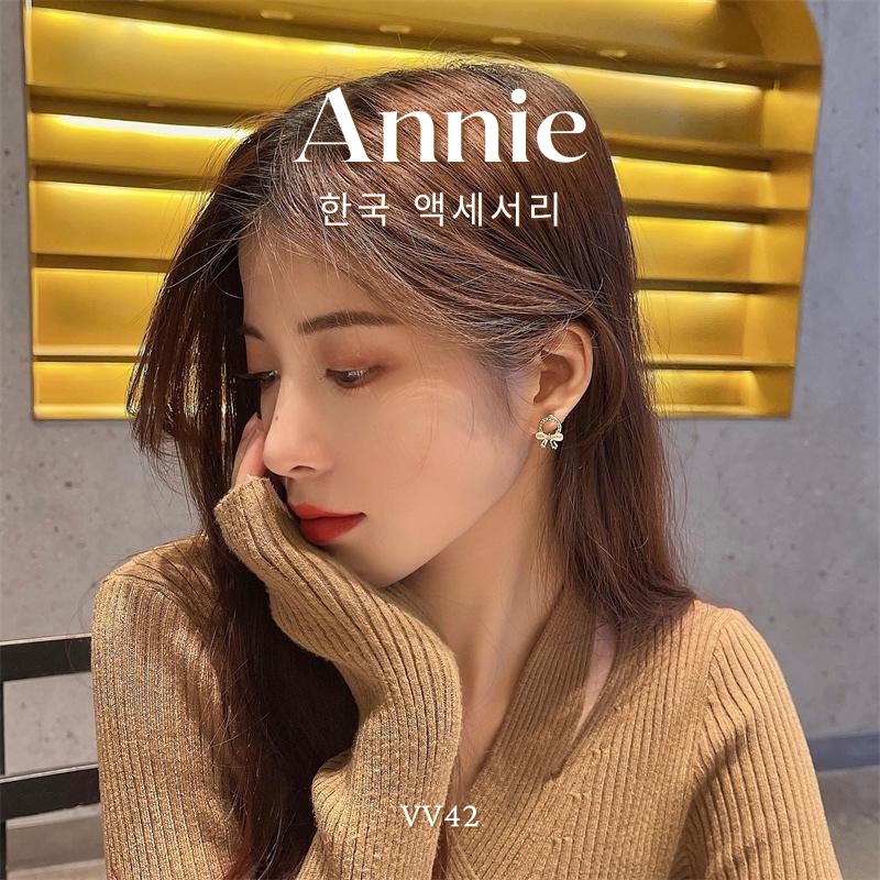 Bông tai nơ đính đá chuôi bạc 925 cao cấp kiểu dáng nhỏ xinh dể thương ANNIE - VV42