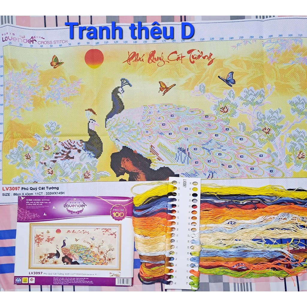 Tranh thêu 3D phú quý cát tường KT:86x43cm,tranh chưa thêu.Tặng kéo và xỏ chỉ.
