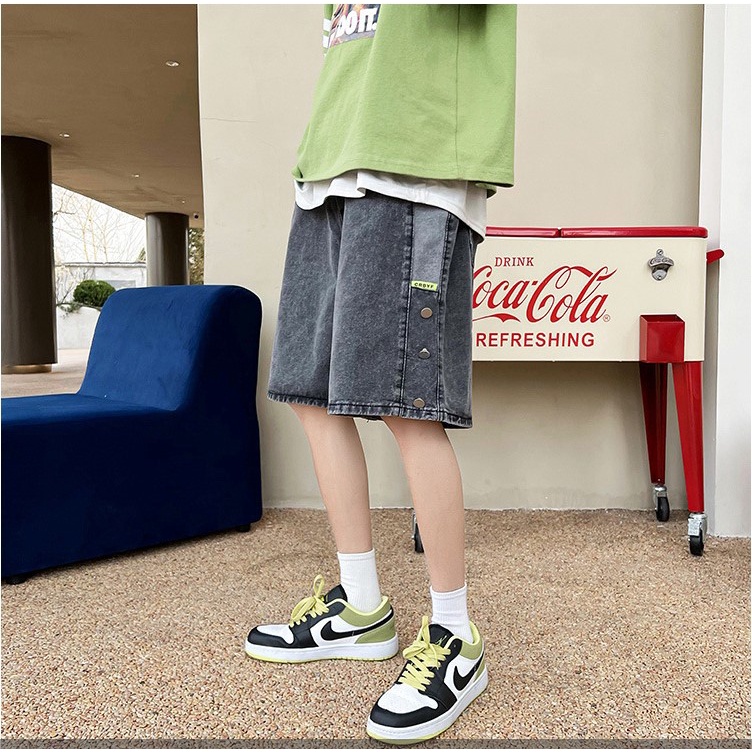 Quần đùi bò ống rộng nam nữ unisex lưng chun màu xanh xám khuy bấm đẹp 653 Pon.mens