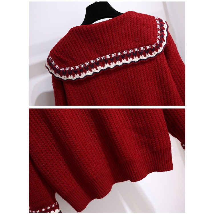 Set áo len có cổ kiểu sơ mi đóng cúc kèm chân váy xòe xếp ly. . Áo len nữ mix chân váy ngắn.