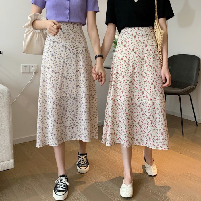 Chân váy Midi dài Voan hoa nhí Lưng cao Dáng chữ A Ulzzang Hàn Quốc Chân váy Voan hoa Midi dài Cạp cao Thời trang | BigBuy360 - bigbuy360.vn