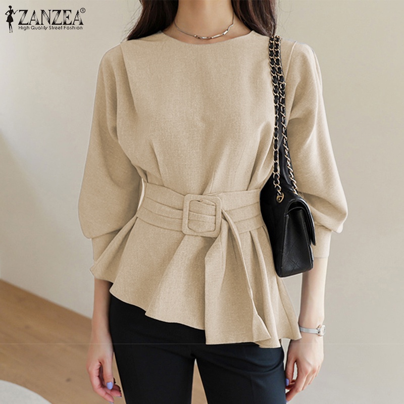 ZANZEA Áo Kiểu Hàn Quốc Tay Dài Cổ Tròn Buộc Eo Thời Trang Cho Nữ