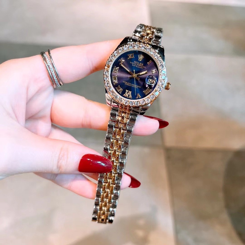 Đồng hồ nữ Rolex dây thép không gỉ , viền đá sang trọng , chữ số la mã thời thượng , đẳng cấp