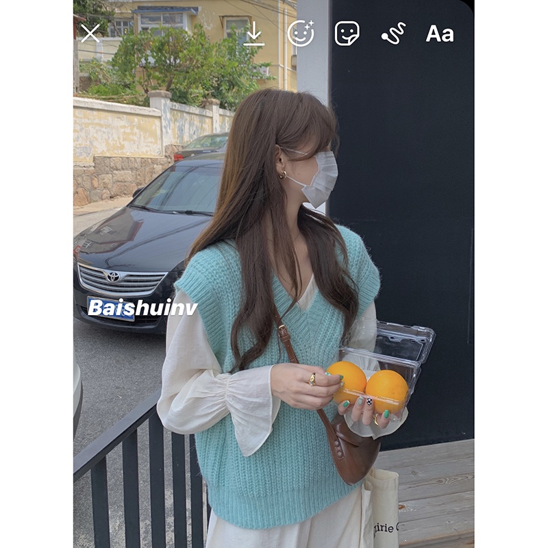 Áo Sweater không tay cổ chữ v dáng rộng màu sắc đơn giản trẻ trung 3 màu lựa chọn | BigBuy360 - bigbuy360.vn