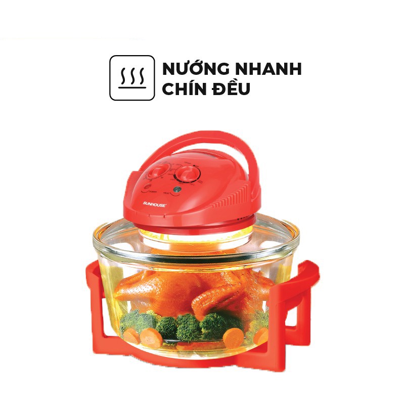 Lò nướng SUNHOUSE thủy tinh 12L màu đỏ SH416 Công Nghệ Nướng Halogen 6 chế độ nướng