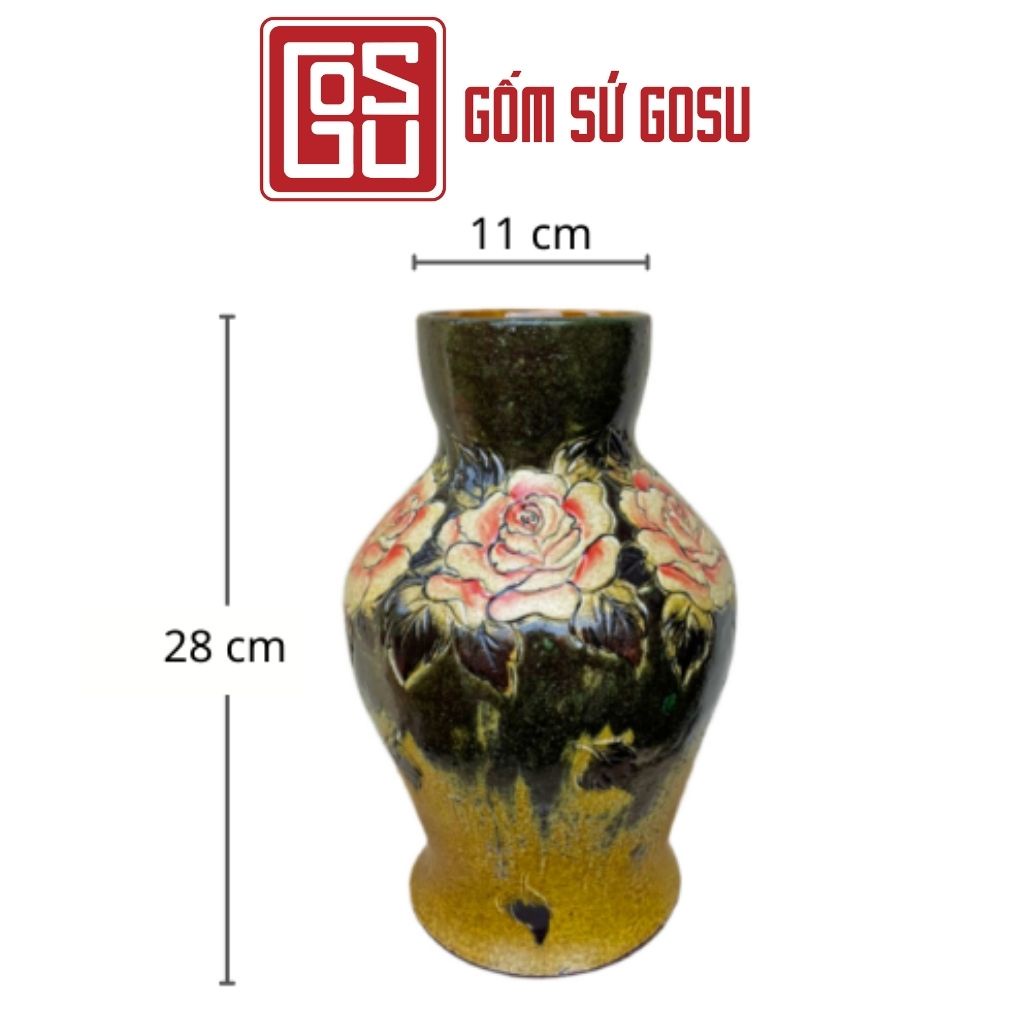 Bình hoa gốm sứ cao cấp  Bát Tràng gốm vuốt hình khắc thủ công men sáng đẹp hàng độc bản GV001