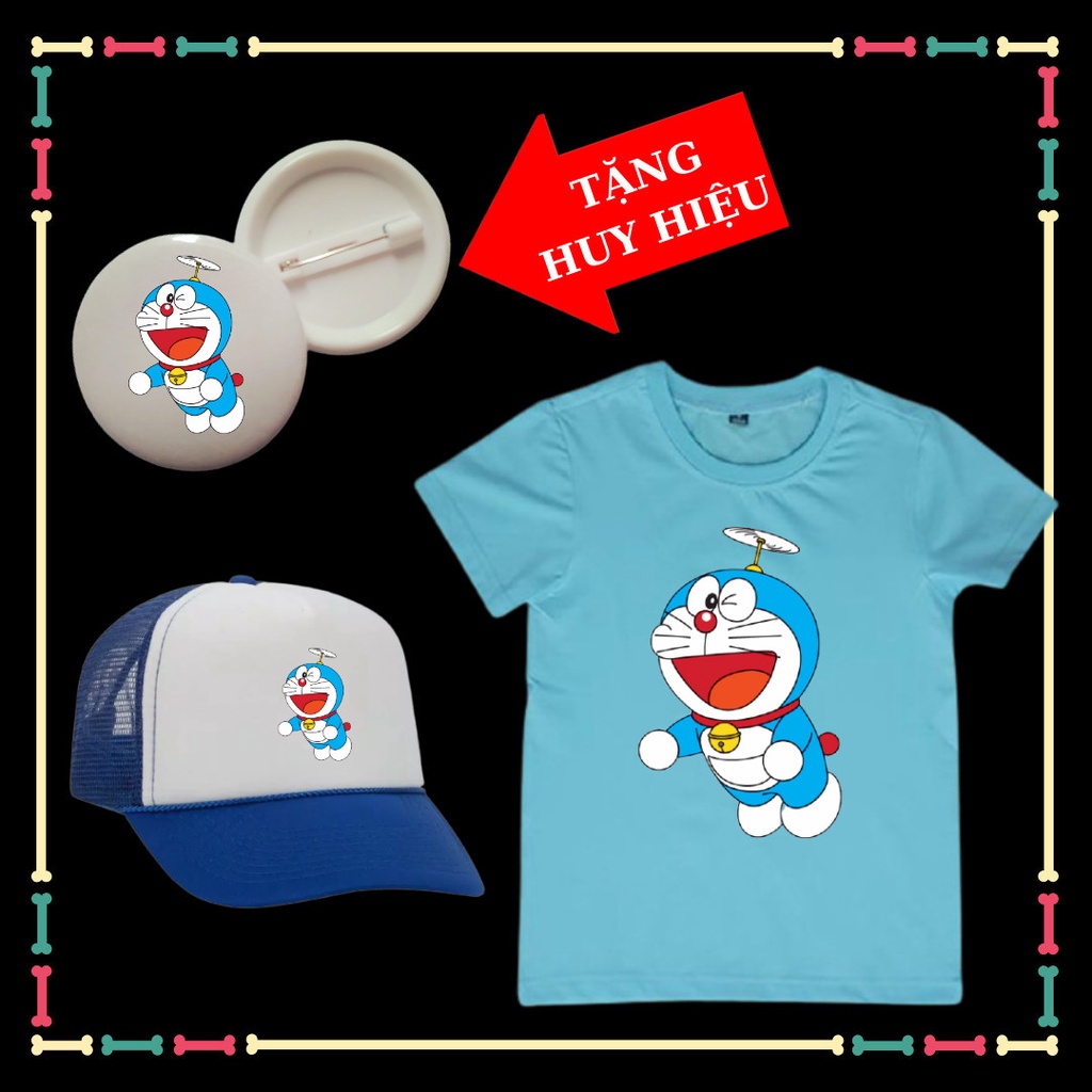 Combo Mũ Áo Doremon cho trẻ em vui nhộn vải co giãn 4 chiều Tặng HUY HIỆU in hình Doremon