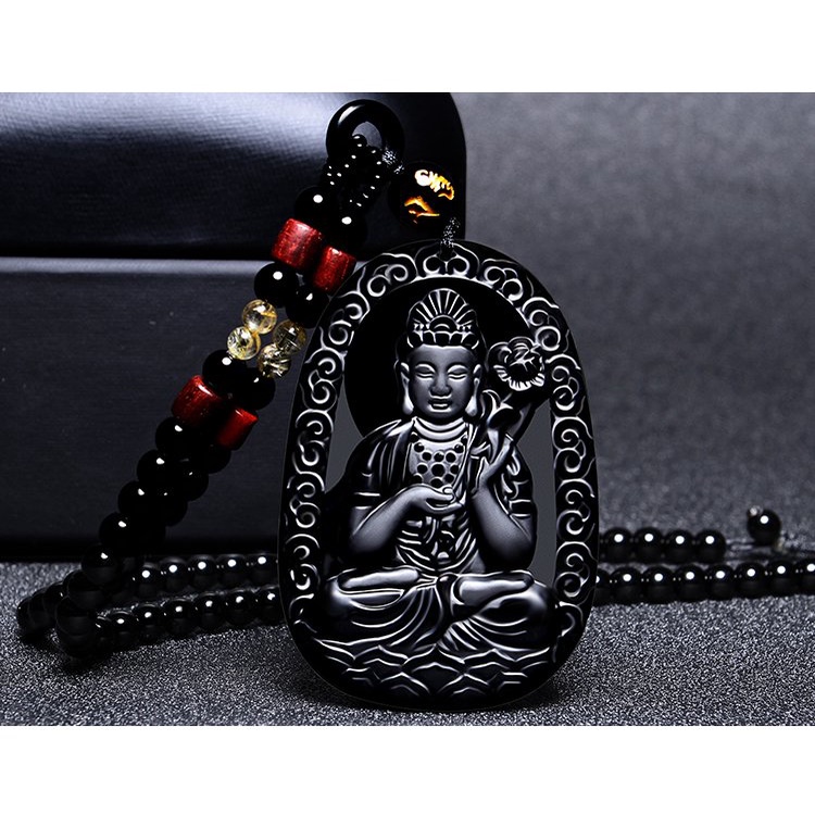 Chuỗi hạt đeo cổ mặt Phật Đại Thế Chí Bồ Tát bằng đá Obsidian -Tuổi Tuất, Hợi - đá tự nhiên MS01