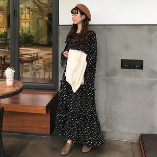 [CÓ SẴN] Đầm suông chấm bi dáng dài đuôi cá xếp tầng dài tay phong cách Hàn Quốc + Áo khoác len gile