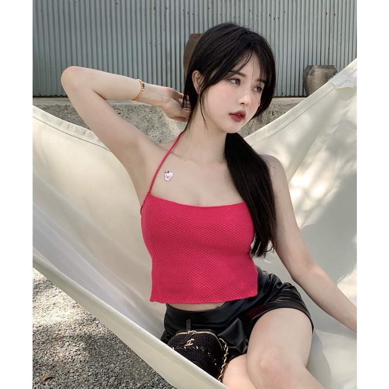 QKOOLE  Áo Croptop Hai Dây Hở Lưng Ôm Dáng Phong Cách Hàn Quốc