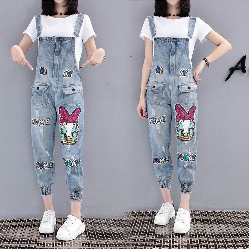 Quần Yếm Denim Họa Tiết Hoạt Hình Đính Kim Sa Thời Trang 2020 Cho Nữ