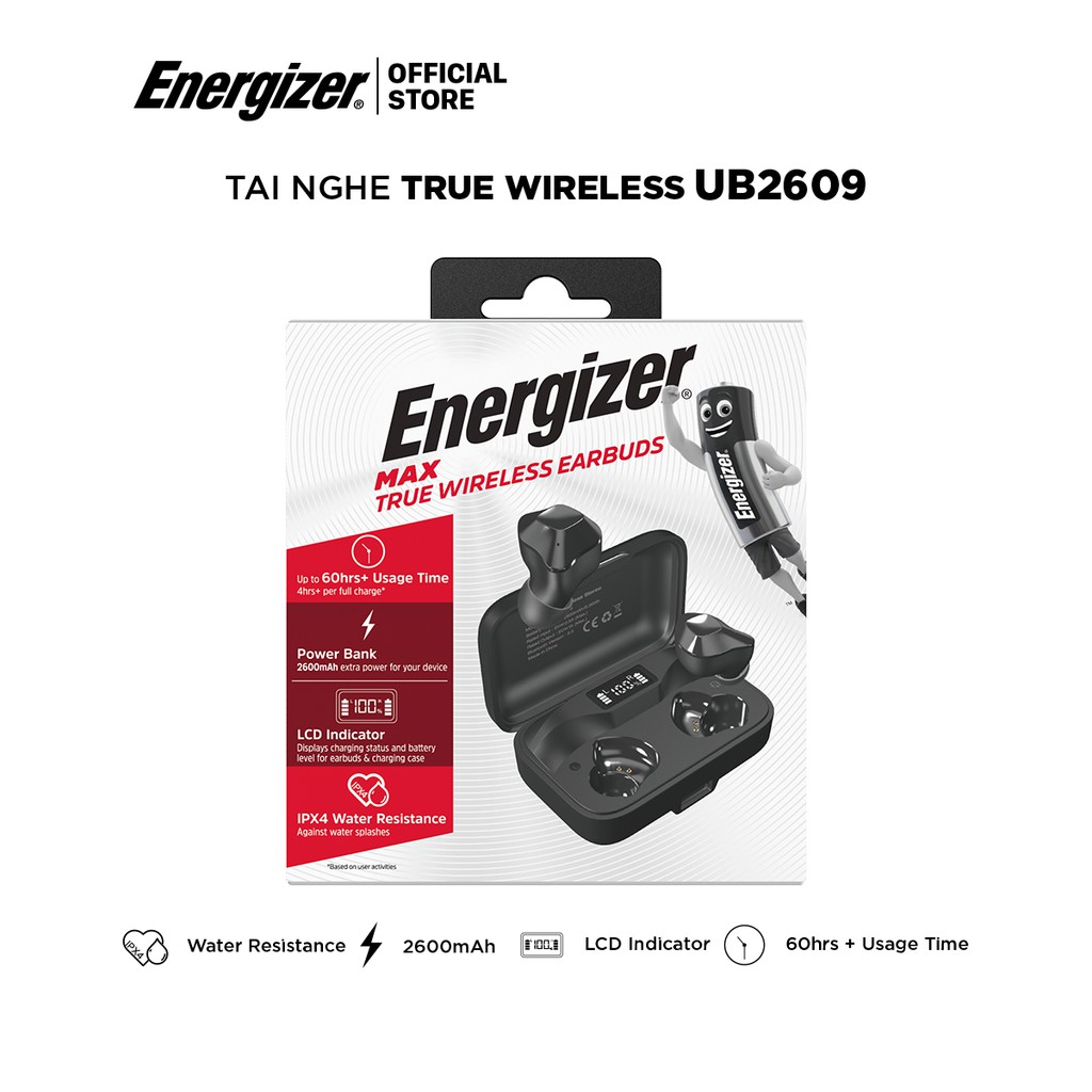 Tai nghe True Wireless Energizer UB2609 - Bluetooth V5.0, tích hợp sạc dự phòng 2600mAh, kháng nước IPX4-Hàng Chính Hãng