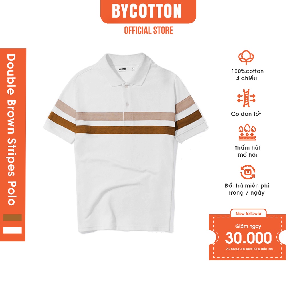 Áo Thun Polo Nam Cổ Bẻ Trắng In Sọc Ngực Nâu BY COTTON Double Brown Stripes Polo