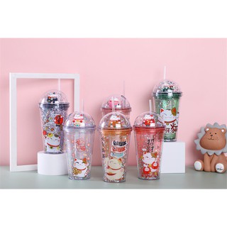 Ly nhựa 2 lớp có kim tuyến lấp lánh khủng long/mèo