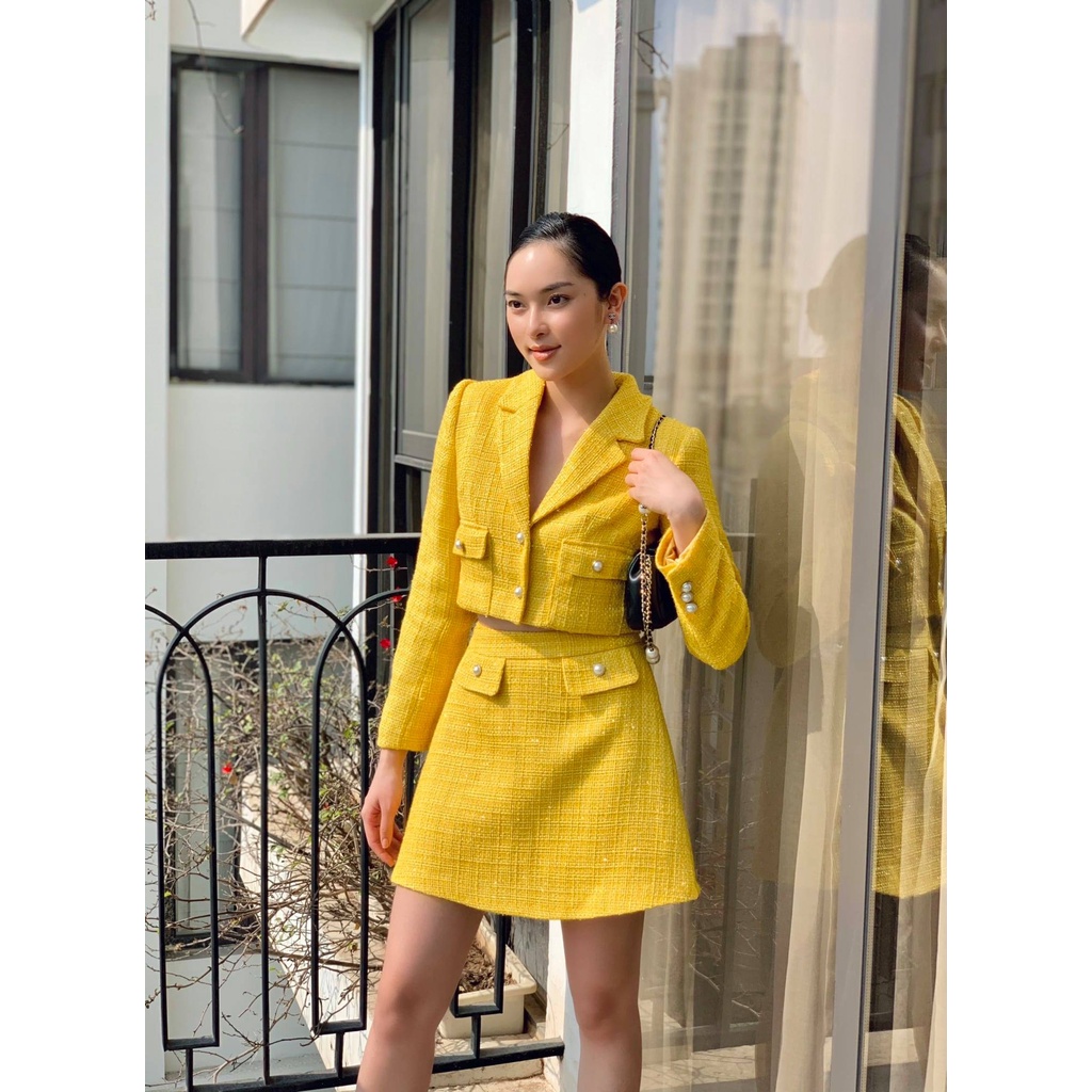 Set vest tweet vàng và chân váy chữ A nữ HUONG BOUTIQUE HBVEST118 | BigBuy360 - bigbuy360.vn