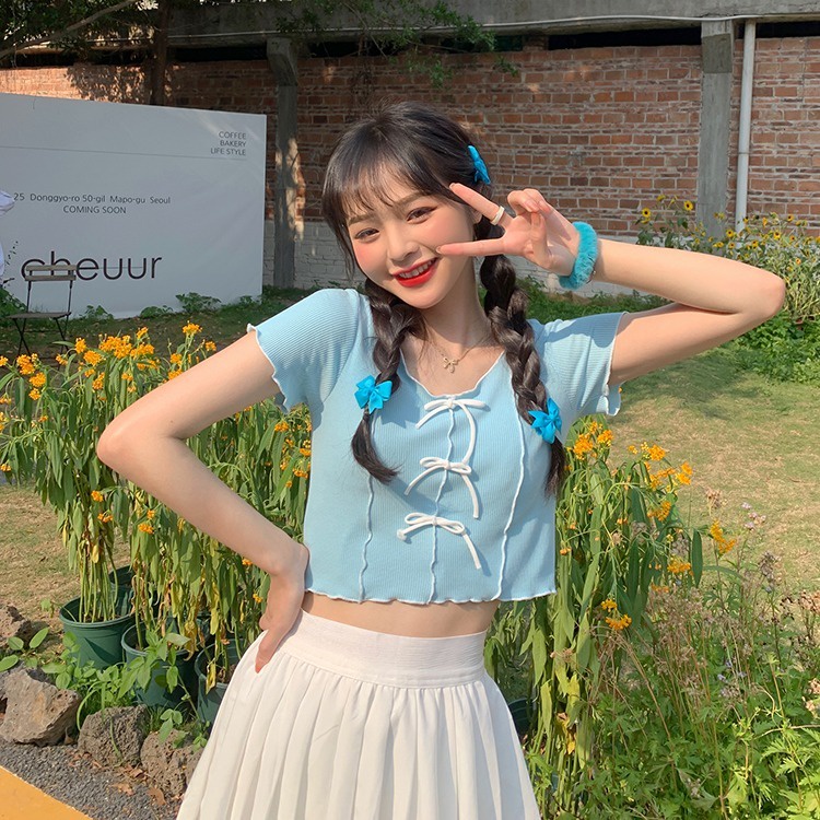 Áo thun ZHELIHANGFEI ngắn tay thắt nơ xinh xắn thời trang