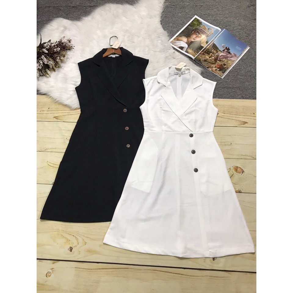 Váy cổ vest cúc gỗ chân xòe nhẹ size M L XL XXL giá 230K