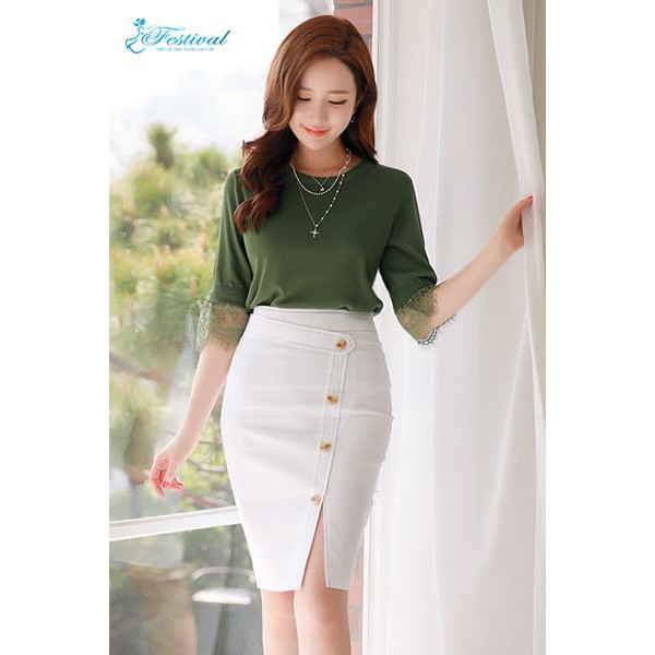 [Hàng thiết kế]Chân váy vạt đắp phối cúc sườn váy