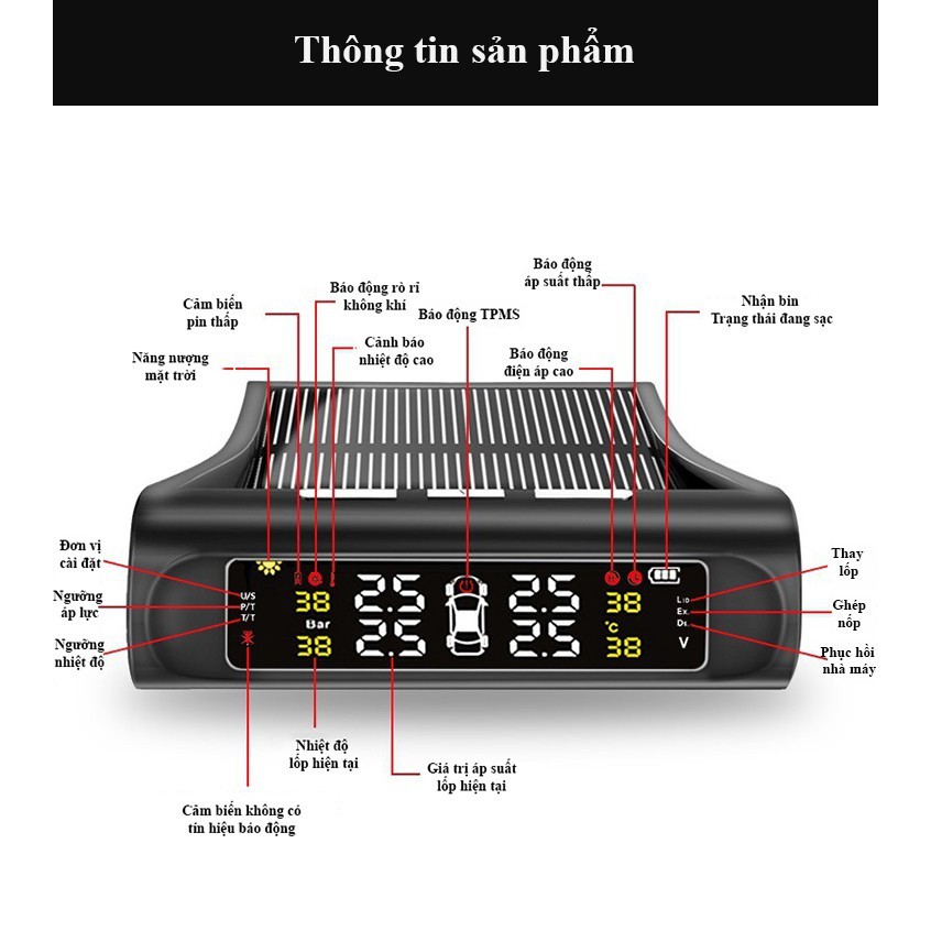 Cảm Biến Áp Suất Lốp Chạy Bằng Năng Lượng Mặt Trời Màn Hình Màu