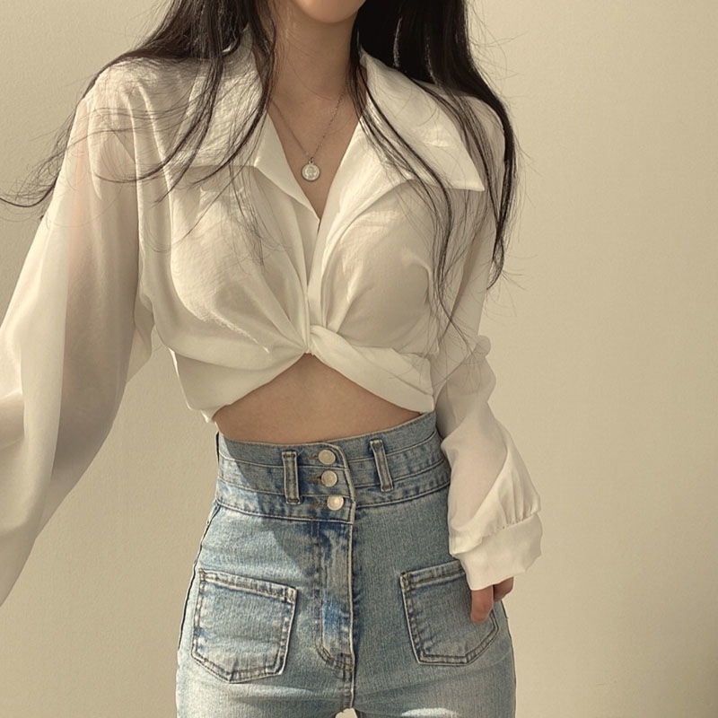 Áo Sơ Mi Tay Dài Cổ Chữ V Đan Chéo Thời Trang Mùa Xuân Cho Nữ Size Lớn