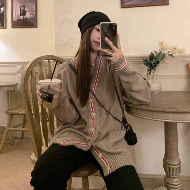 Long-sleeved sweater, knitted jacket, Korean style loose V-neck