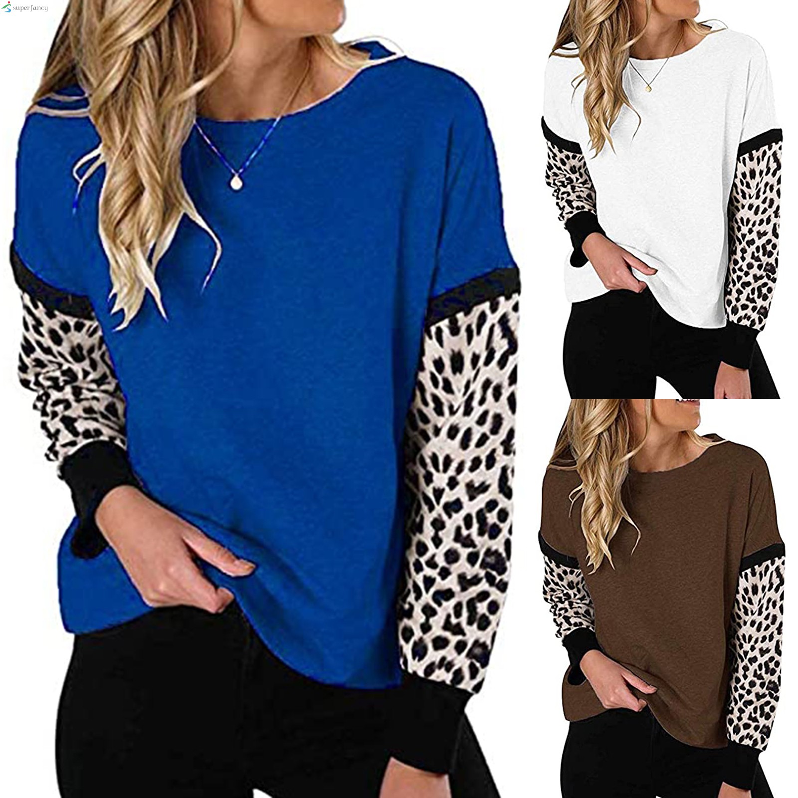 Sweatshirt for Women Long Sleeve Popular Leopard Patern Round Neck Loose Blouse