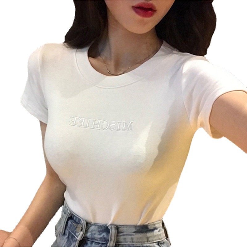 Áo Thun Tay Ngắn Dáng Ôm Thêu Chữ Phong Cách Hàn Quốc Thời Trang Mùa Hè 2022 Mới Cho Nữ