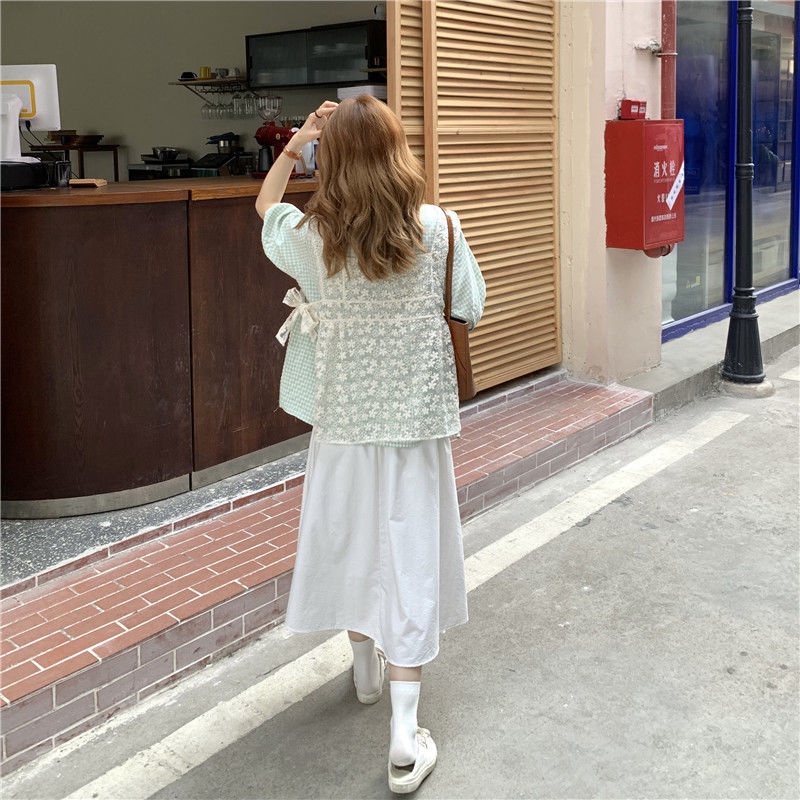 Set Áo Sơ Mi Tay Phồng Kẻ Sọc Caro + Chân Váy Màu Trắng Thiết Kế Mới Thời Trang Mùa Hè Theo Phong Cách Hàn Quốc Cho Nữ