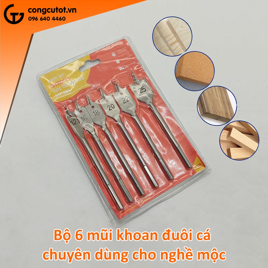 Bộ 6 mũi khoan đuôi cá chuôi lục vỉ nhựa 10-25