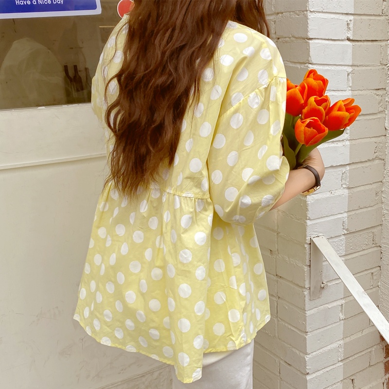 IELGY Áo Sơ Mi Cổ Tròn Tay Ngắn Dáng Rộng In Họa Tiết Chấm Bi Màu Vàng Phong Cách Hàn Quốc Cho Nữ