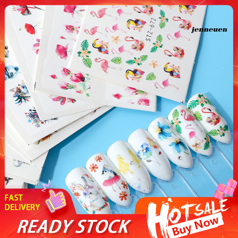 [Hàng mới về] Bộ 15 tờ miếng dán trang trí móng tay nghệ thuật chuyển nước họa tiết hoa và chim hồng hạc xinh xắn