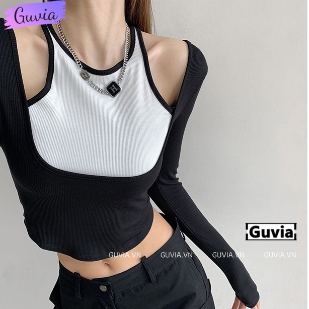 Áo Thun Nữ TAY DÀI PHỐI 3 LỖ HỞ VAI Ôm Body, Áo Thun Kiểu Sexy Chất Gân Thời Trang GUVIA ADD10