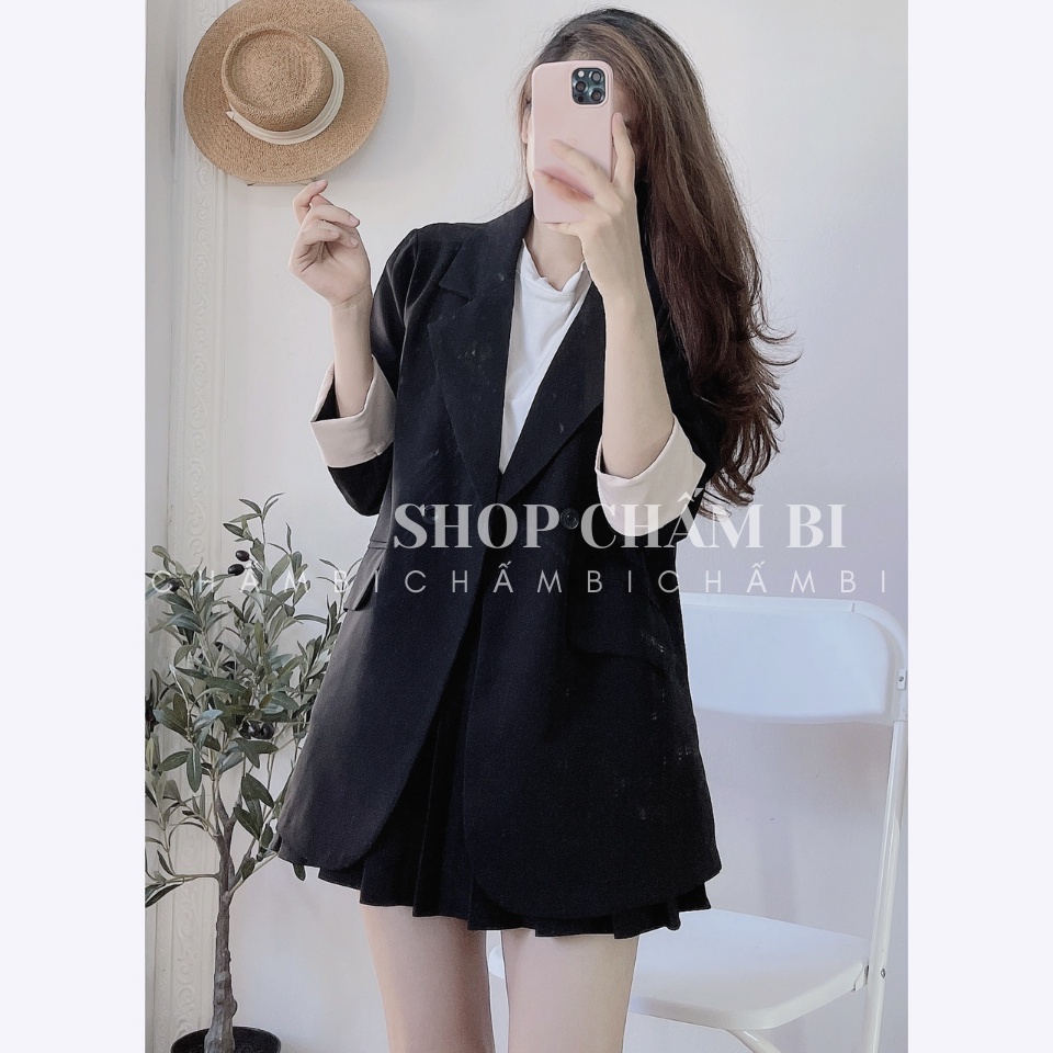 Áo khoác nữ A.244, Áo khoác blazer nữ dài tay sắn gấu pha be cách điệu 2 cúc vạt tròn cực xinh