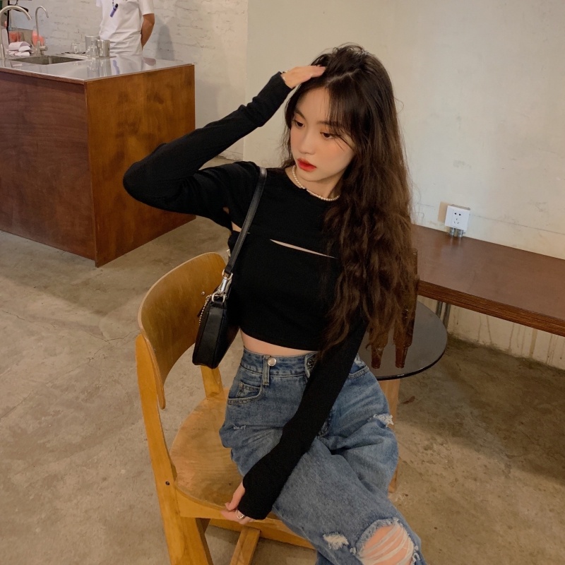 ZHELIHANGFEI Set Áo Thun Tay Dài Hở Eo + Quần Dài Lưng Cao Thời Trang Nữ