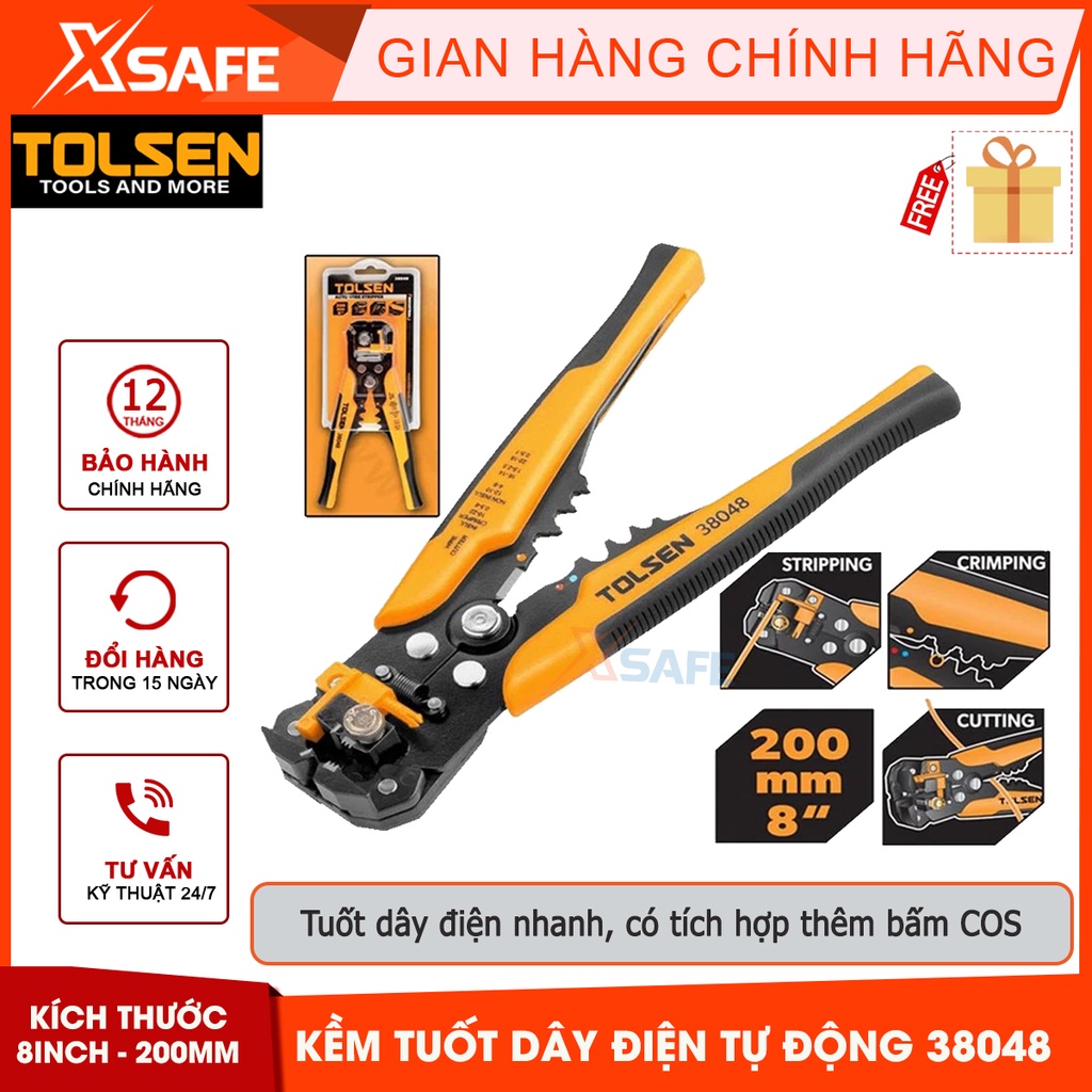 Kềm tước dây điện đa năng Tolsen 38048 | kìm đồ nghề đa năng 3 trong 1 có thể tước, cắt và bấm cos [CHÍNH HÃNG][XSAFE]