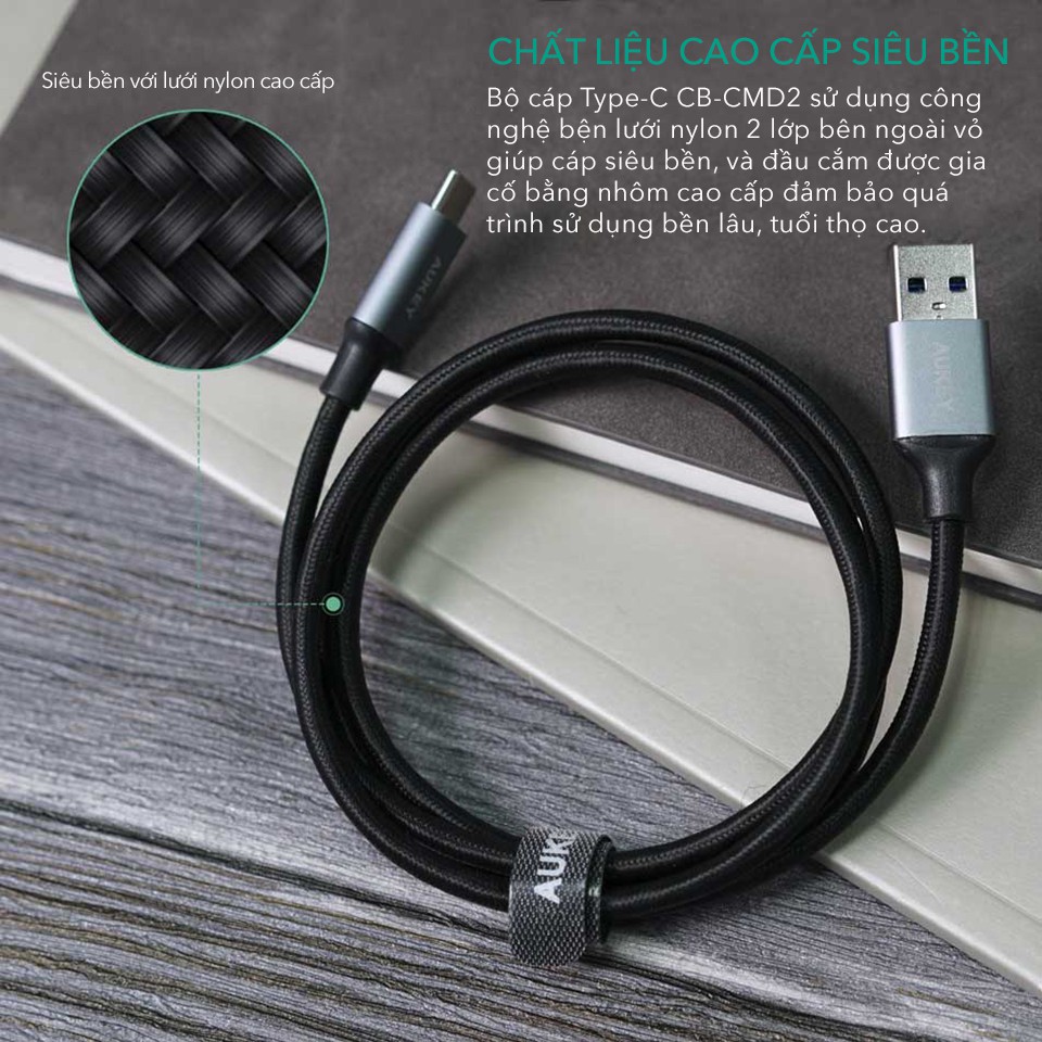 Cáp sạc nhanh AUKEY CB-CMD2 USB-A to USB-C QC 3.0 18W chuẩn USB 3.0 5Gbps