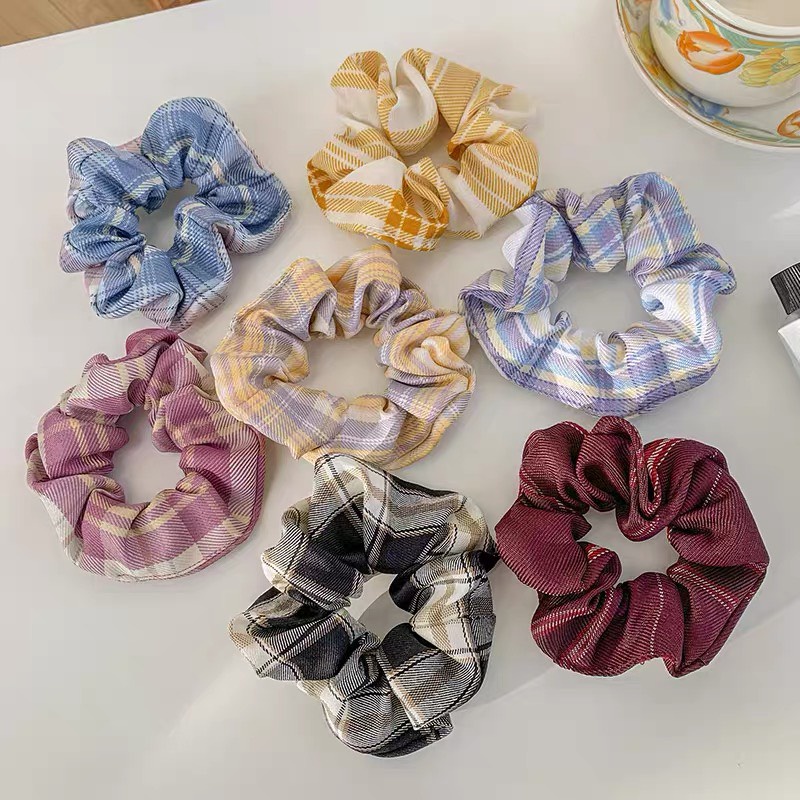 Buộc tóc voan scrunchies vòng kẻ nhiều mẫu