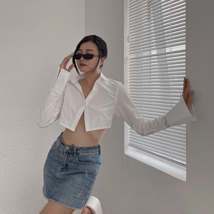 Áo sơ mi trắng tay dài Gem Crop Shirt - Áo sơmi trắng croptop