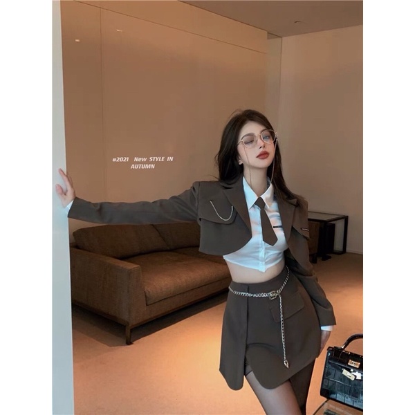 (Sẵn blazer) Set vest croptop chân váy chữ A cá tính ( có sơ mi gồm ca la vat tách set)